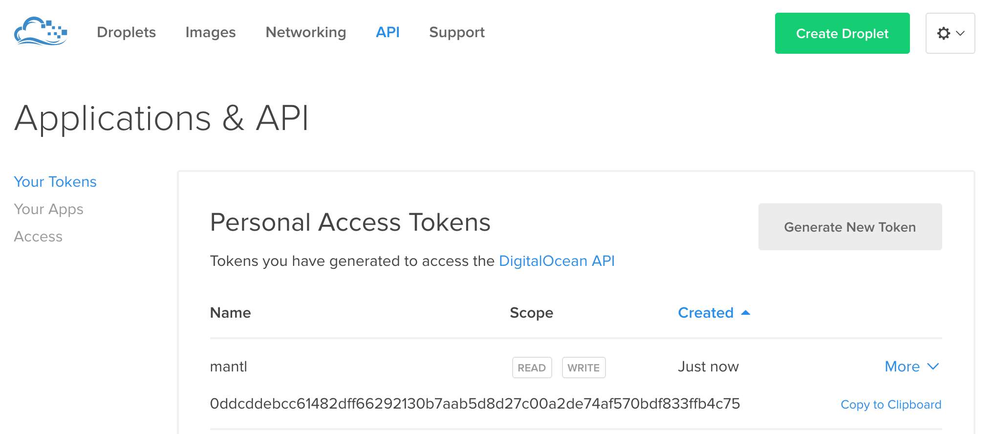 The DigitalOcean API UI showing a created token.