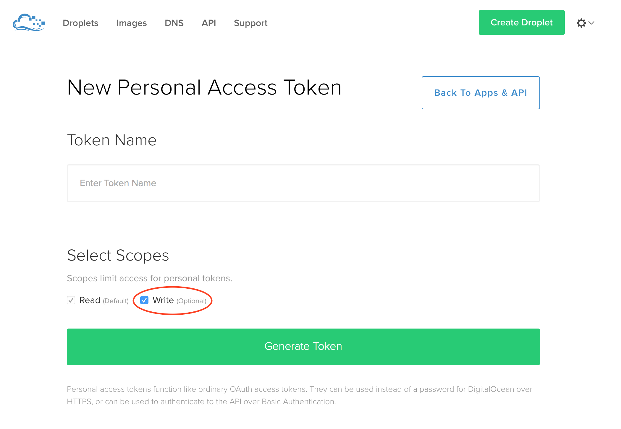 The token creation page, making sure write access is granted.